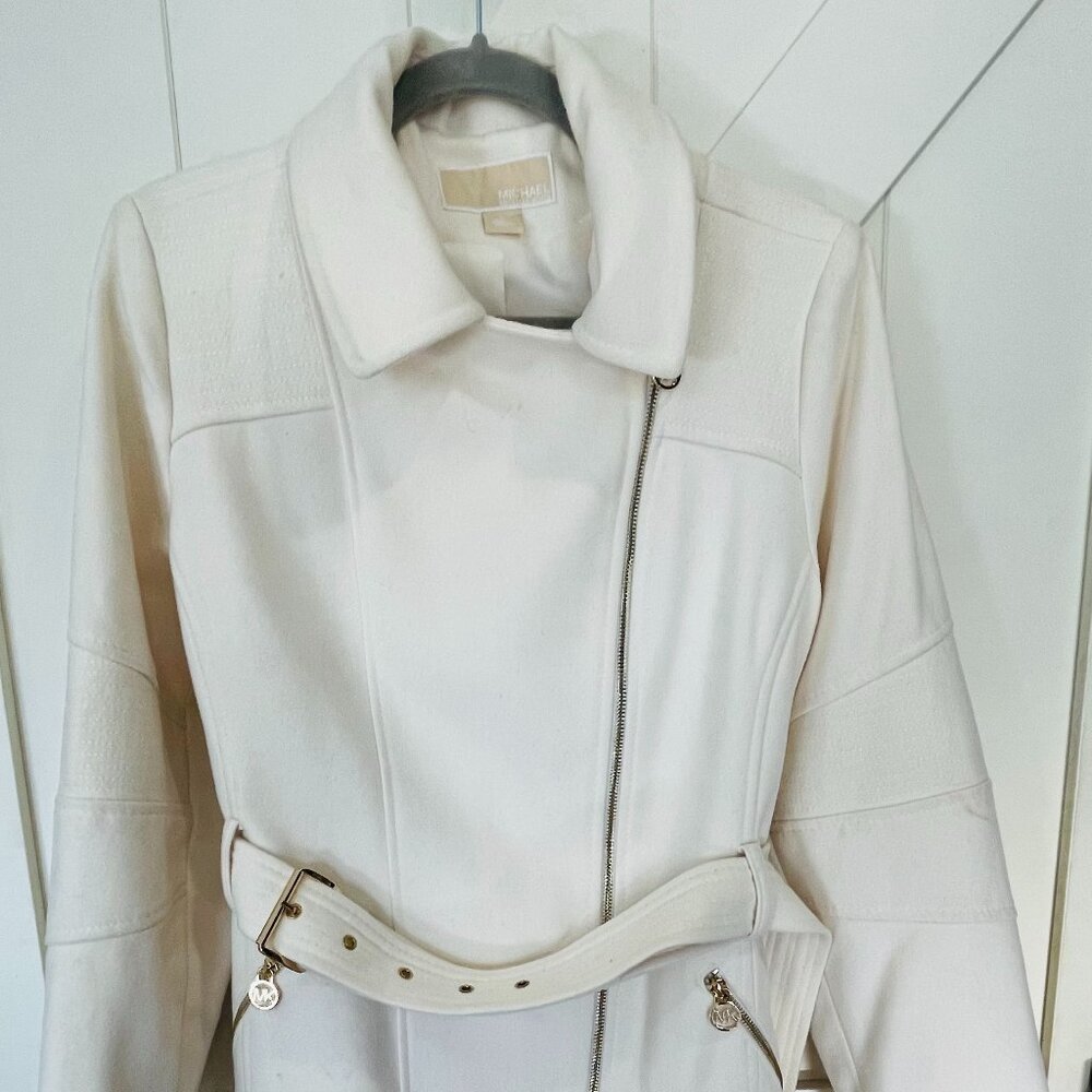 Michael Kors Peacoat Wool Blend Gold Accents Full-Zip Belted Cream Womens L